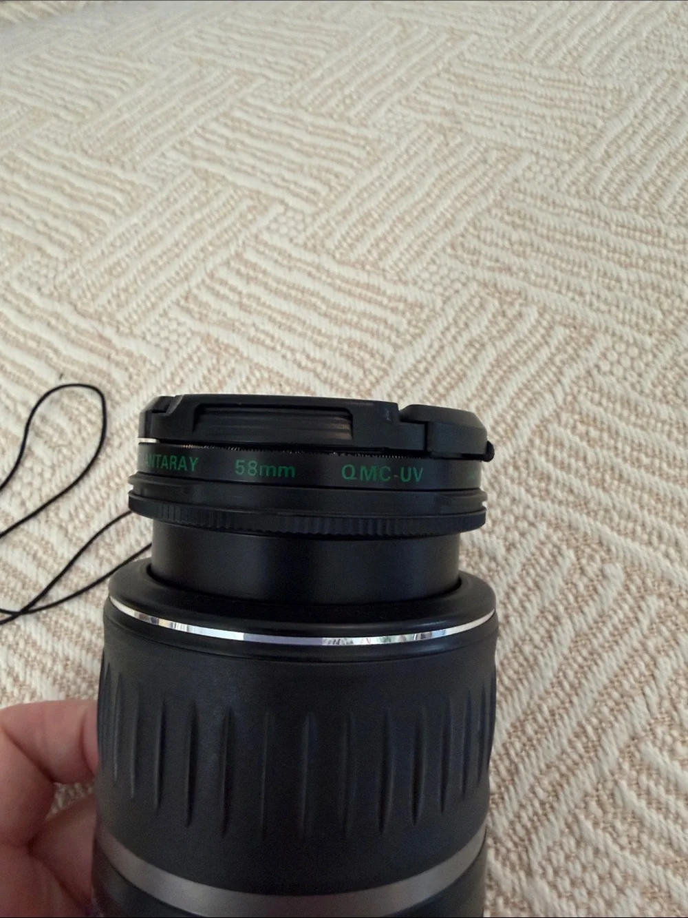 Canon EF-S 18-55mm 0.28m/0.9ft Zoom Lens. Quantaray 58mm. Made in Japan